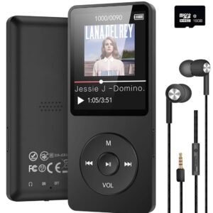 16GB Mini MP3 Music Player with Bluetooth 5.4 & Voice Control Earphones, Video Playback,Pocket-Sized MP3 Player for Music,Voice Recording,FM Radio -Expanded Up to 128GB (Black)