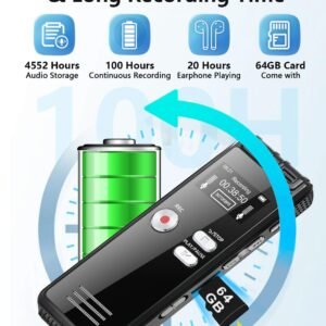64GB Digital Voice Activated Recorder with Playback - 4552 Hours Audio Recording Device, 3072Kpbs HD Dual MIC Tape Recorder Device for Lecture A-B Repeat, MP3 Player, Password,【64GB TF Card Included】