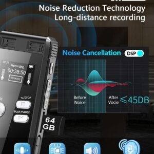 64GB Digital Voice Activated Recorder with Playback - 4552 Hours Audio Recording Device, 3072Kpbs HD Dual MIC Tape Recorder Device for Lecture A-B Repeat, MP3 Player, Password,【64GB TF Card Included】