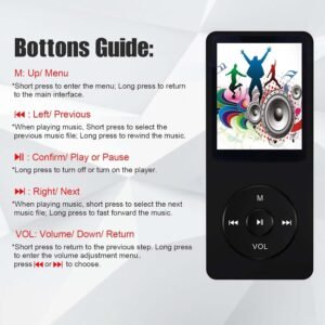 16GB Mini MP3 Music Player with Bluetooth 5.4 & Voice Control Earphones, Video Playback,Pocket-Sized MP3 Player for Music,Voice Recording,FM Radio -Expanded Up to 128GB (Black)